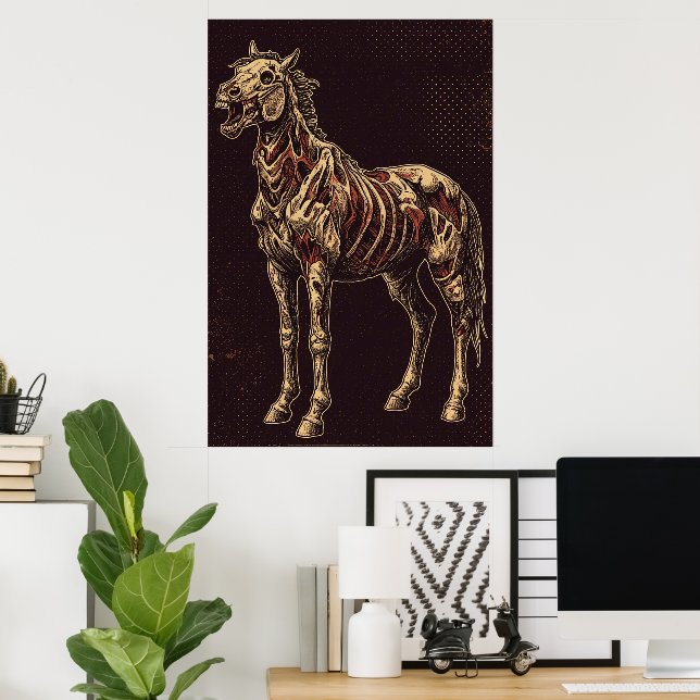 Untotes Pferd vor dunklem gotischen Hintergrund Poster (Heimbüro)