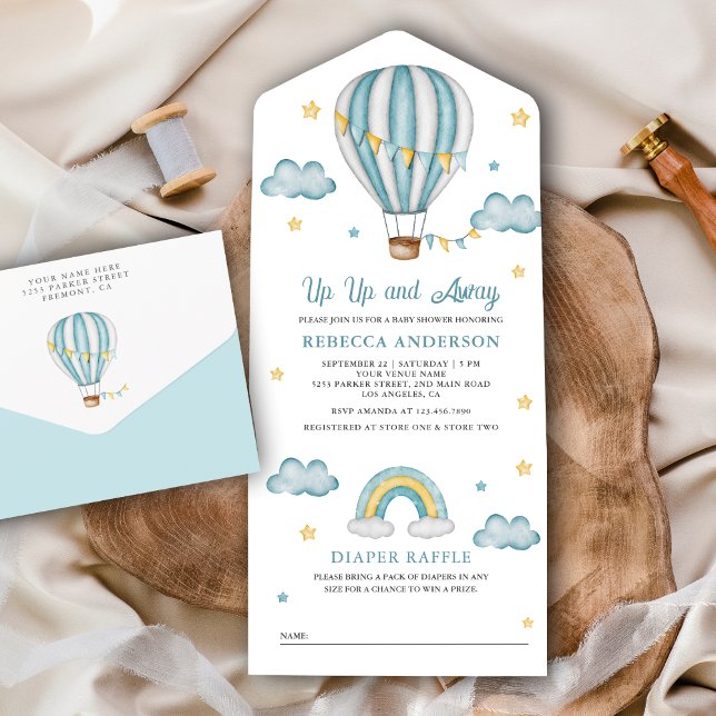 Up and Away Blue Hot Air Ballon Babydusche All In One Einladung (Von Creator hochgeladen)