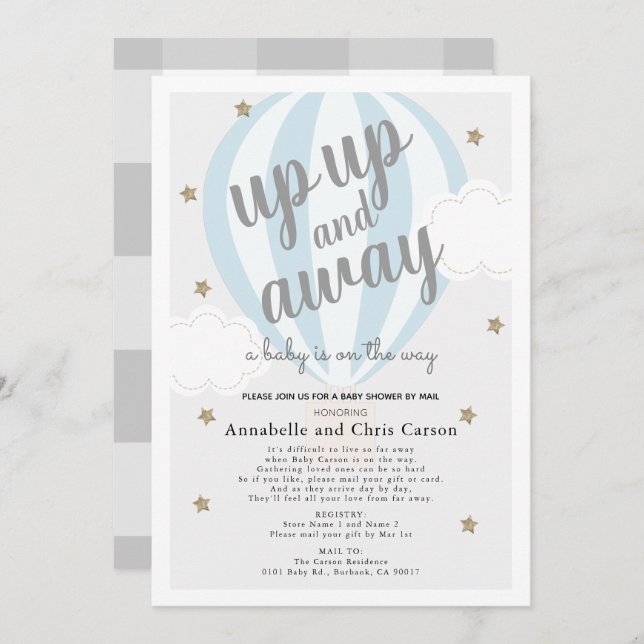 Up and Away Hot Air Ballon Blue Dusche per Mail Einladung (Vorne/Hinten)