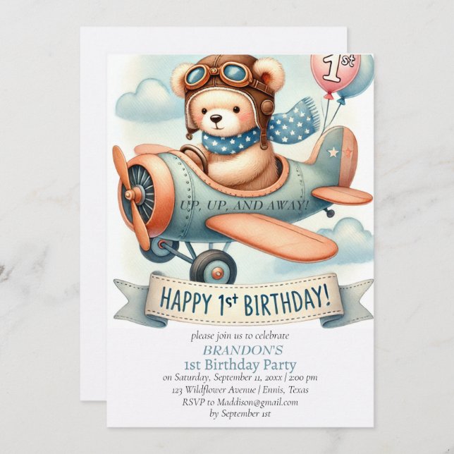 Up & Away 1. Geburtstagsjunge Flugzeug Einladung (Vorne/Hinten)