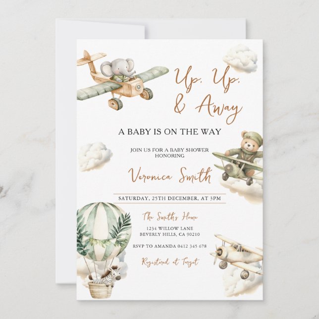 Up & Away, Hot Air Balloon Airplane Baby Shower Einladung (Vorderseite)