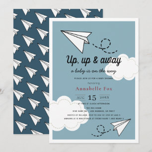 Up & Away Paper Flugzeug Blue Boy Baby Dusche Einladung