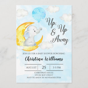 Up & Away Watercolor Elephant Boy Baby Dusche Einladung