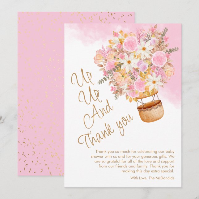 Up, Up and Away - Pink Floral Balloon Babydusche Dankeskarte (Vorne/Hinten)