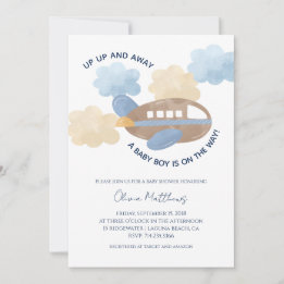 Up Up and Away Watercolor Airplane Boy Baby Shower Einladung