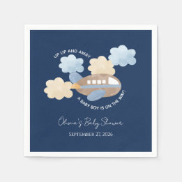 Up Up and Away Watercolor Airplane Boy Baby Shower Serviette