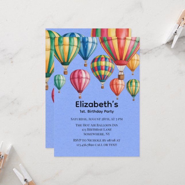 Up Up & Away 1st. Birthday Party Einladung (Vorderseite/Rückseite Beispiel)