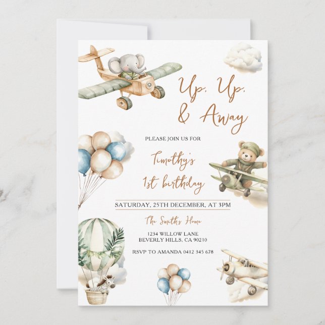 Up Up & Away Airplane Boy 1st Birthday Einladung (Vorderseite)