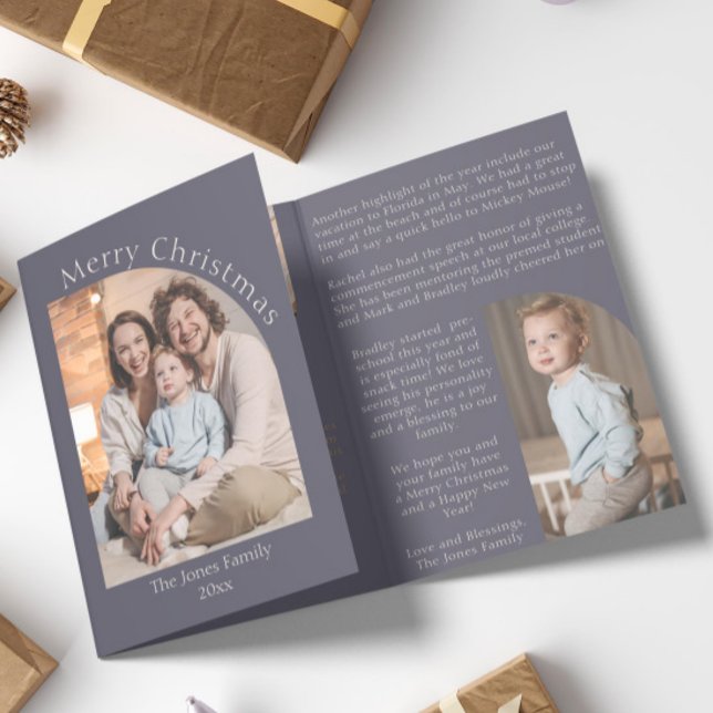 Update der lila modernen Bogenreihe für das Jahr d Dreifach Gefaltete Urlaubskarte (purple and cream year in review christmas card arch photo boho modern)