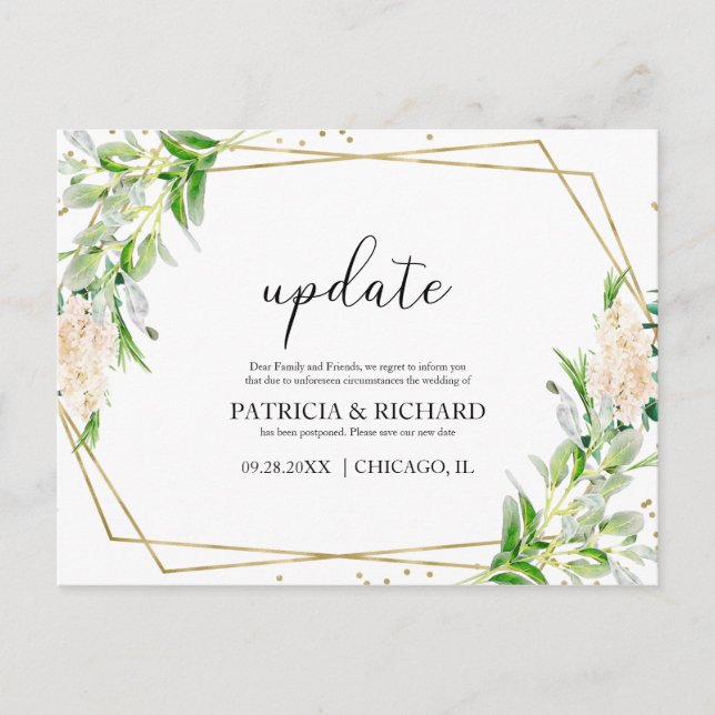 Update Elegant Greenerity Wedding New Date Postkarte (Vorderseite)