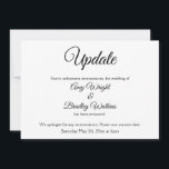 "Update" Elegante Zurückgestellte Hochzeitsankündi Einladung<br><div class="desc">Hier ist eine elegante, einfache Karte, um Ihre Gäste zu benachrichtigen, wenn es notwendig wird, um Ihre Hochzeit zu ändern. Verwenden Sie die Vorlagenfelder, um Ihre persönlichen Daten hinzuzufügen und dieses einzigartige, moderne Design zu Ihrem eigenen zu machen. Der weiße Hintergrund kann in eine beliebige Farbe geändert werden. Alle Schriftart...</div>