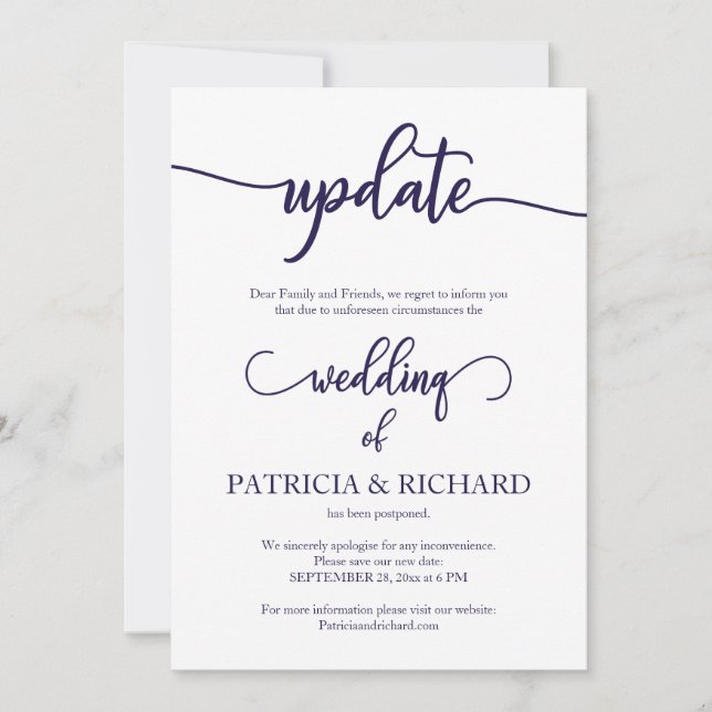 Update verschoben Hochzeiten Navy Blue Script Einladung (Vorderseite)