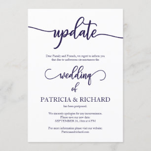 Update verschoben Hochzeiten Navy Blue Script Einladung