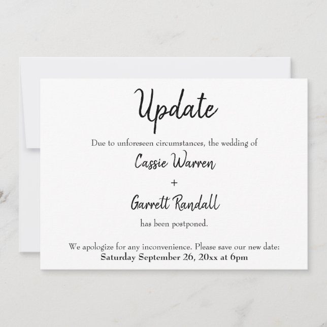 "Update" Verspätete Hochzeitsankündigung Einladung (Vorderseite)
