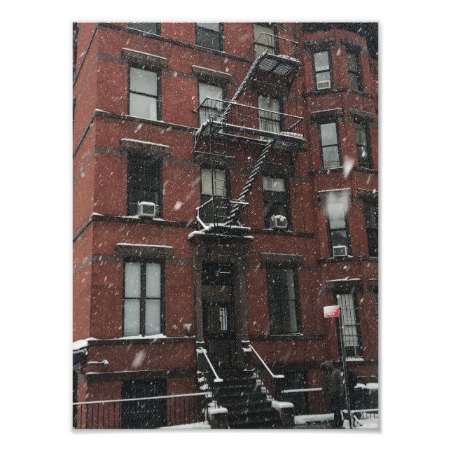 Upper West Side Brownstone Fire Escape NYC Schnee Fotodruck (Vorne)