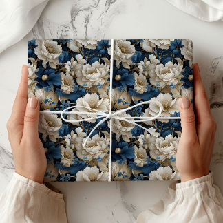 Üppige Blau Weiße Elfenbein Blumen Geschenkverpack Geschenkpapier