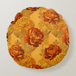 Üppige Blüten Golden Orange Art Deco Rundes Kissen