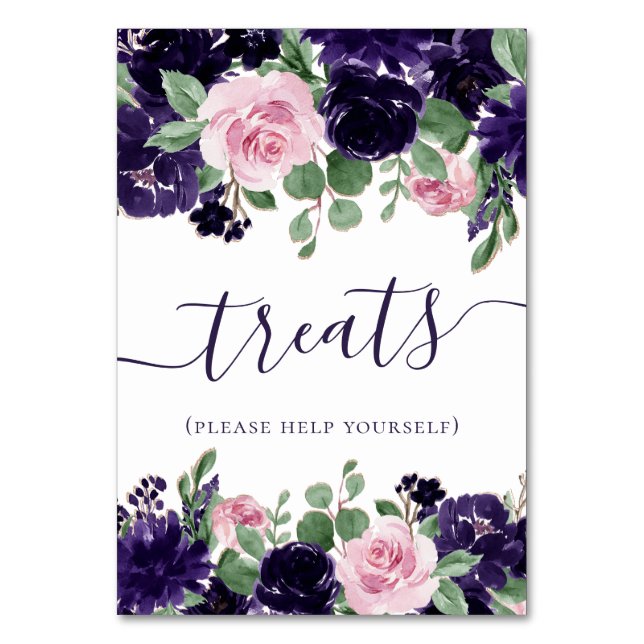 üppige Blüten | Leckereien für Lila und rosa Rosen Tischnummer (Vorderseite)