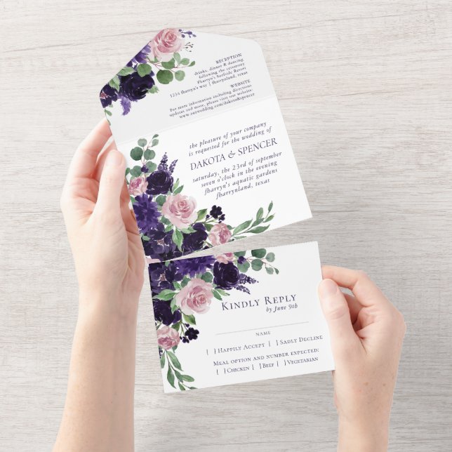 üppige Blüten | Lila Rosa Floral Wedding Entree All In One Einladung (Abreißen)