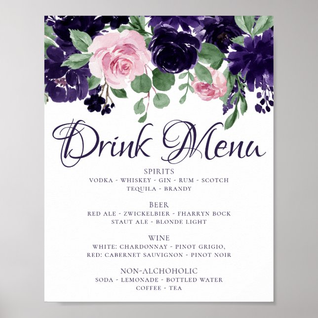 üppige Blüten | Lila und rosa Garland Drink Menu Poster (Vorne)