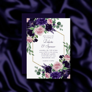 üppige Blüten | Rosa und Lila Bouquet-Goldrahmen Einladung