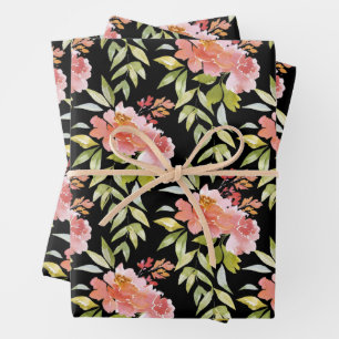 Üppige grüne Floral auf Schwarz Geschenkpapier Set
