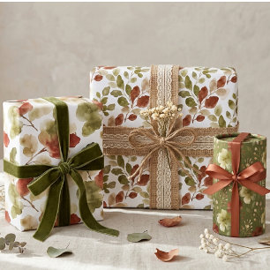 Üppige Grüne Rote Botanische Blüten Aquarell TMF26 Geschenkpapier Set