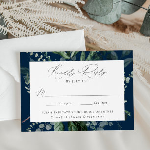 Üppige Grünpflanzen Navy-Menüwahl Hochzeit RSVP Karte