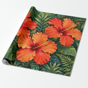 Üppige orange Hibiskus-Dschungelblumen tropisch Geschenkpapier