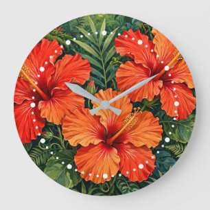 Üppige orange Hibiskus-Dschungelblumen tropisch Große Wanduhr