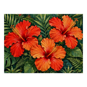 Üppige orange Hibiskus-Dschungelblumen tropisch Poster
