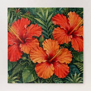 Üppige orange Hibiskus-Dschungelblumen tropisch Puzzle