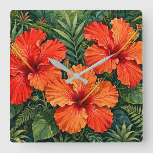 Üppige orange Hibiskus-Dschungelblumen tropisch Quadratische Wanduhr