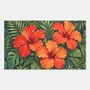 Üppige orange Hibiskus-Dschungelblumen tropisch Rechteckiger Aufkleber