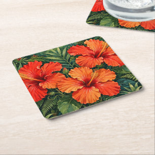Üppige orange Hibiskus-Dschungelblumen tropisch Rechteckiger Pappuntersetzer