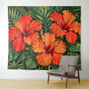 Üppige orange Hibiskus-Dschungelblumen tropisch Wandteppich