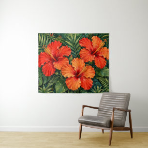 Üppige orange Hibiskus-Dschungelblumen tropisch Wandteppich