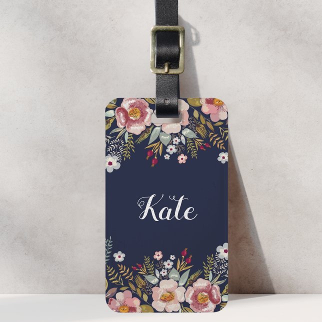 Üppige rosa Blumen Navy Blau kundenspezifischer Na Gepäckanhänger (Von Creator hochgeladen)