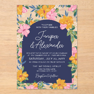 Üppige rosa gelbe Blumen dunkelblaue Hochzeit Acryleinladungen