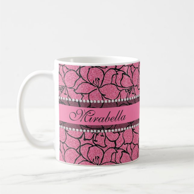 Üppige rosa Lilien mit schwarzer Kontur, rosa Kaffeetasse (Links)