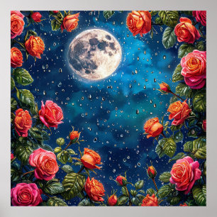 Üppige Rosen umrahmen einen Vollmond in einer ster Poster