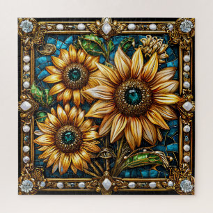 Üppige Sonnenblumen-Kunstwerke in Gold gerahmt Puzzle