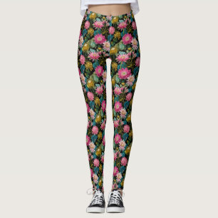 Üppige tropische Blätter Rosa exotische Blumen Bot Leggings