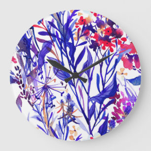 Üppige Wasserfarbenflorals: Gartenhintergrund. Große Wanduhr