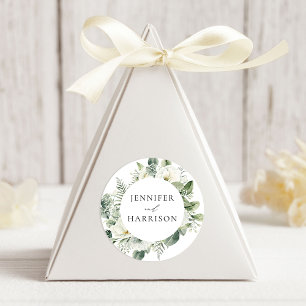 Üppige weiße Blumen und Grün-Hochzeit Runder Aufkleber