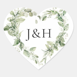 Üppige weiße Blumen und Grün Monogramm-Hochzeit Herz-Aufkleber