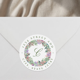 Üppiger Blumenkranz-Monogramm-Rücksendeadresse Runder Aufkleber