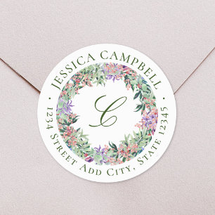 Üppiger Blumenkranz-Monogramm-Rücksendeadresse Runder Aufkleber
