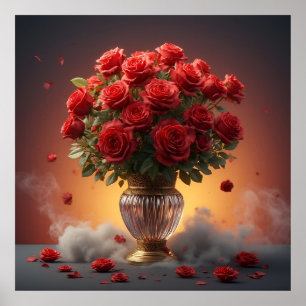 Üppiger Blumenstrauß rote Rosen in eleganter Krist Poster