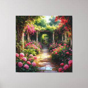 Üppiger Gartenweg mit Rosensträuchern Leinwanddruck